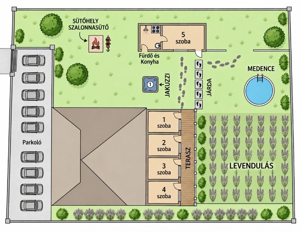 Site plan of the accommodation. On the left, the car park and a large building with a brown roof. At the top, a fire pit and a grill, the bathroom and kitchen, and room 5. In the middle, a hot tub, a path and the pool. At the bottom, rooms 1 to 4 with a terrace, and the lavender field on the right. The labels on the drawing are in Hungarian.